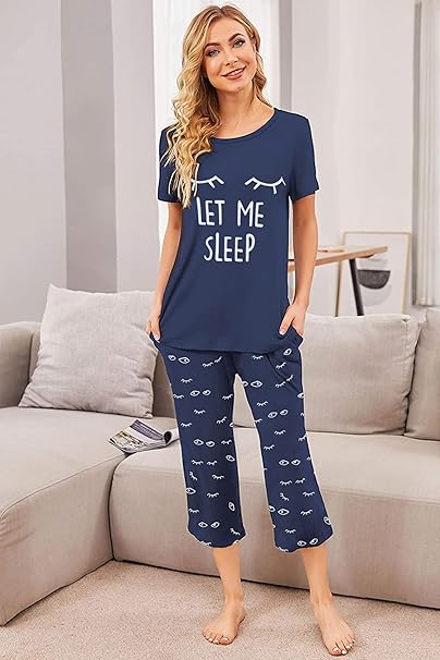 Ekouaer Pajamas for Women Set Short Sleeve Sleepwear Tops with Capri Pants Prints Funny Two Piece Pj Set