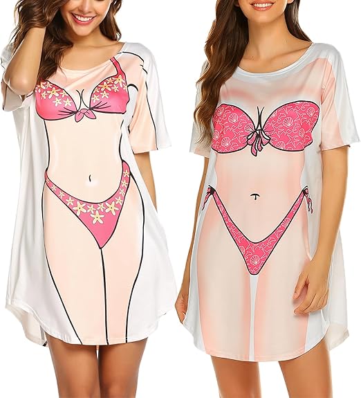 Ekouaer Womens Bikini Shirt Cover Up Short Sleeve Funny Bikini Print Cover-Up 2 Pack Cute Baggy Shirt Dress