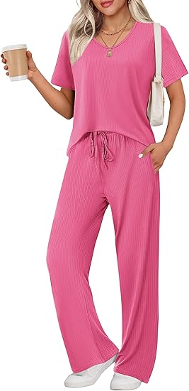 Ekouaer Pyjama Damen Herbst Schlafanzug Kurzarm Lang Hose Rippen Nachtw?sche