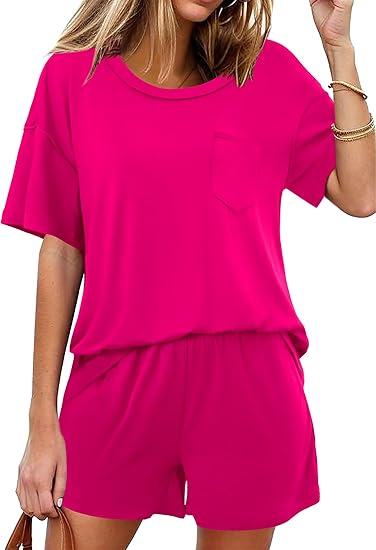 Ekouaer Women's 2 Piece Pajama Sets Short Sleeve Lounge Sets Soft Round Neck Top and Shorts Sleepwear