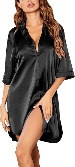 Ekouaer Women's Satin Nightshirt Button Down Sleepshirt Silk 3/4 Sleeve Nightgown Boyfriend Notch Collar Sleepwear