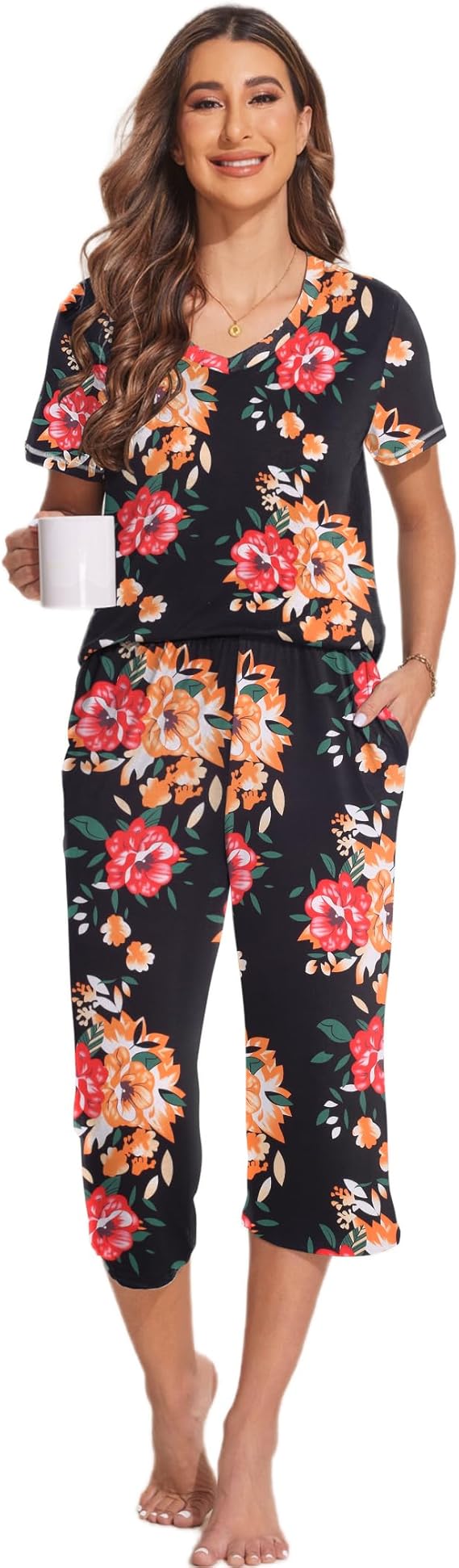 Ekouaer 2 Pack Women's Pajamas Short Sleeve Sleepwear Tops and Capri Pants Pjs