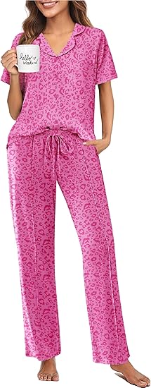 Ekouaer Pajamas for Women Set Button Up Sleepswear 2 Piece Short Sleeve PJ Top and Long Pants Loungwear With Pocket