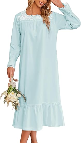 Ekouaer Victorian Nightgown 100% Cotton Long Sleeve Vintage Old Fashioned Gown for Women