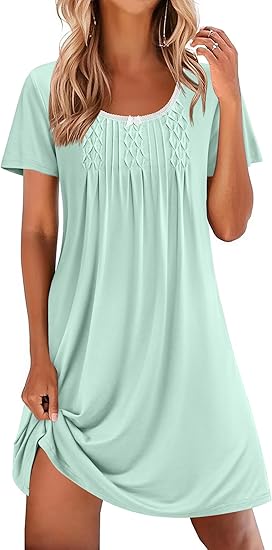 Ekouaer Nightgowns for Women Pleated Sleep Shirts Short Sleeve Night Shirts Lace Trim Night Gown Ladies Sleep Dress