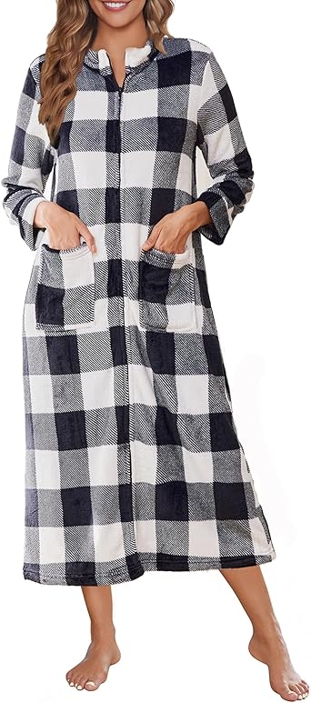 Ekouaer Women Zipper Robe Fleece Long Sleeves Bathrobe Sleepwear Warm Soft Housecoat with Pockets Zip Up House Dresses