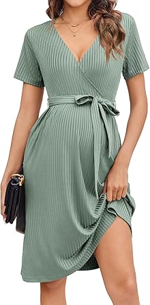 Ekouaer Women Short Sleeve Maternity Nursing Dress Casual V Neck Breastfeeding Loungewear Ribbed Knit Pregnancy Dresses