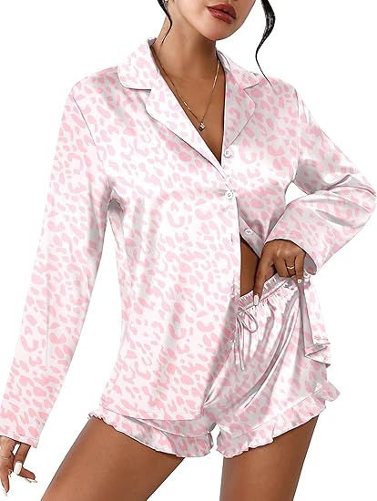 Ekouaer Womens Satin Pajama Sets Long Sleeve Top and Shorts Lounge Set Button Down Sleepwear