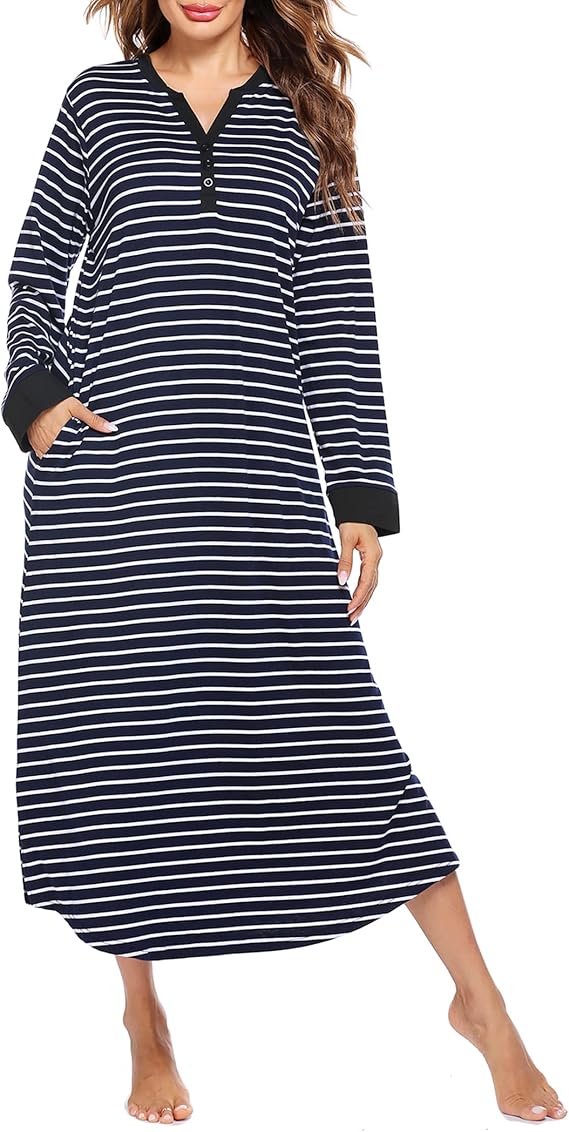 Ekouaer Womens Nightgown Long Loungewear V Neck Nightshirt Sleepwear Full Length Sleepshirt with Pockets