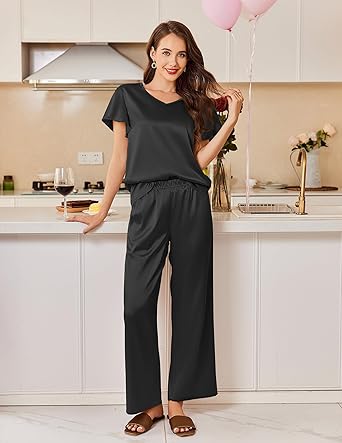 Ekouaer Women's Satin Silky Pajama Set 2 Piece Short Sleeve Shirt with Long Pants Pjs Sets Soft PJ Loungewear