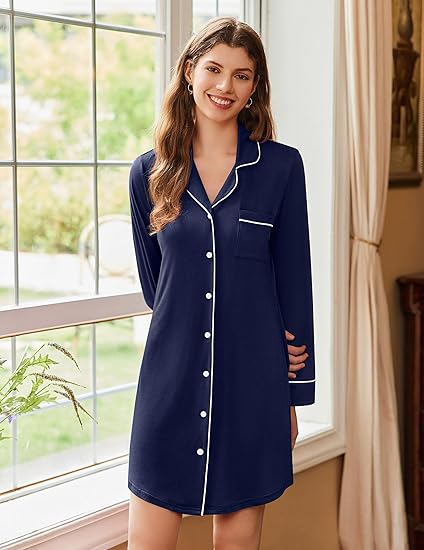 Ekouaer Nightgowns for Women Long Sleeve Nightshirt Button Down Sleepshirt Nightdress Boyfriend Sleepwear