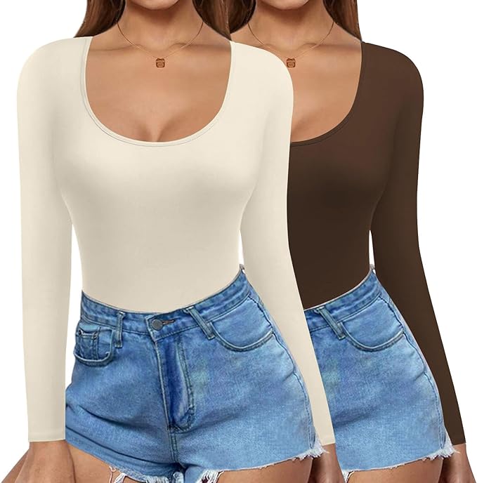 Ekouaer 2 Pack Long Sleeve Shirts for Womens Scoop Neck Tops Slim Fit Undershirts Basic Thermal Tee Shirt