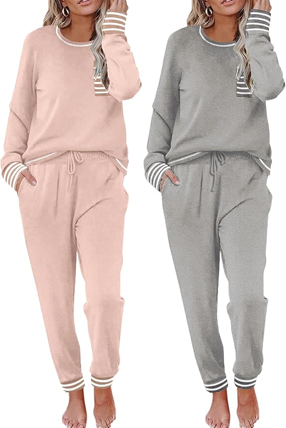 Ekouaer 2 Pack Womens Pajama Sets Long Sleeve Lounge Sets Soft Pj Sleepwear Loungewear