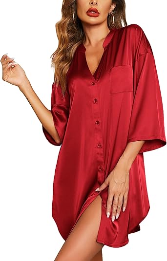 Ekouaer Satin Nightgowns for Women Silk Sleepwear Button Down Sleepshirt 3/4 Sleeve V-Neck Nightshirts with Pockets