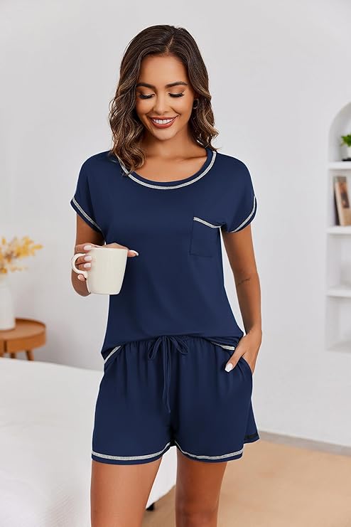 Ekouaer Womens Pajama Sets 2 Piece Soft Short Sleeve Top and Shorts Sleepwear Round Neck Pjs Lounge Set with Pockets