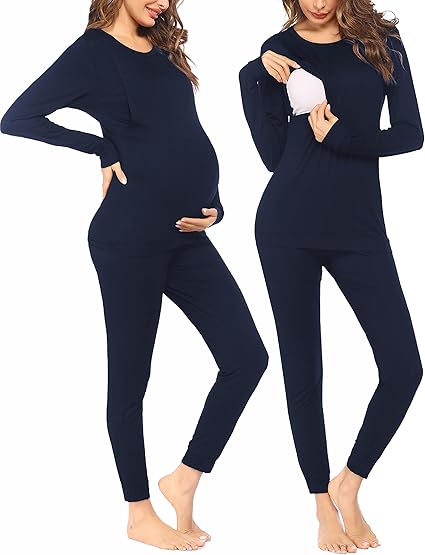 Ekouaer Nursing Pajama Set Long Sleeve Maternity Clothes Labor Pregnancy Pjs Breastfeeding Thermal Underwear Sleepwear