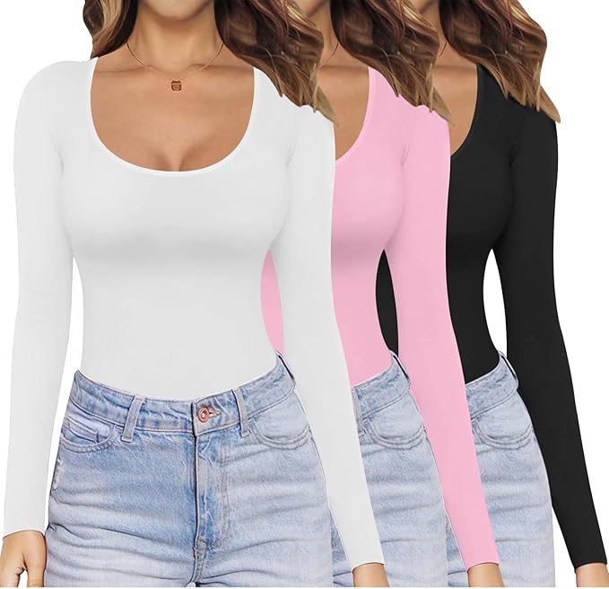 Ekouaer Women Long Sleeve Shirt Scoop Neck Tops Slim Fit Basic Top Thermal Undershirts Base Layer Tee