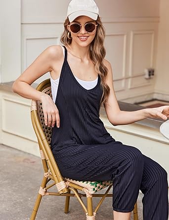 Ekouaer Jumpsuits for Women Sleeveless Spaghetti Strap Ribbed Overall Jumpsuit V Neck Summer Romper with Pockets