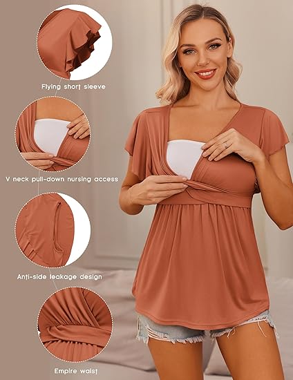 Ekouaer Maternity Shirts 3 Packs Flying Short Sleeve Nursing Tops Pregnancy Clothes Caramel+grey+wine Red L