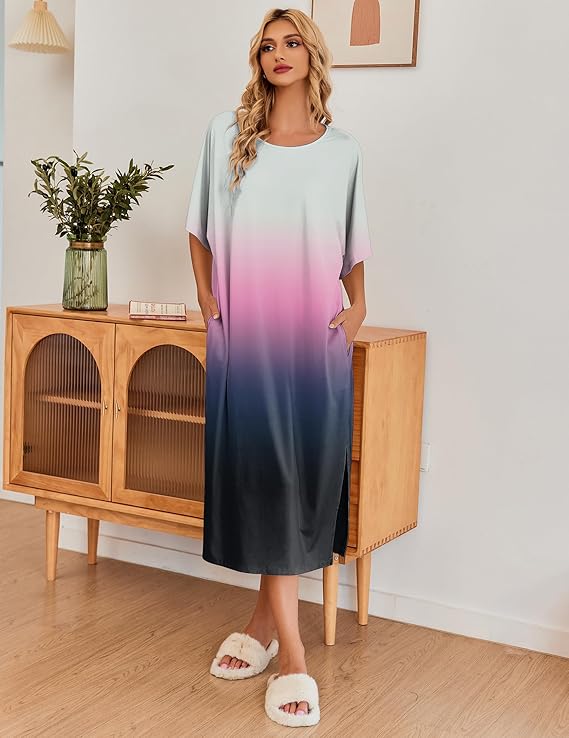Ekouaer Women's Nightgown Short Sleeve Sleepshirt Long Loungewear Casual Maxi Lounge Dress House Dresses with Pockets