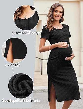 Ekouaer Maternity Dress Rib Knit Short Sleeve Bodycon Dresses Casual Stretchy Pregnancy Clothes