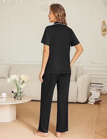 Ekouaer Womens Pajama Sets Button Down Pjs 2 Piece Short Sleeve Sleepwear with Pants Soft Loungewear