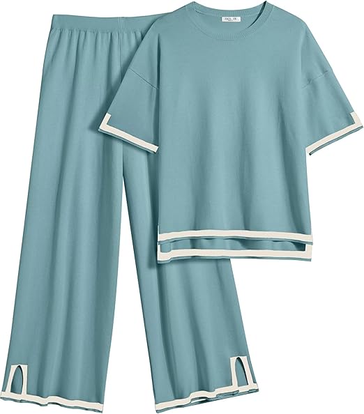 Ekouaer Lounge Set for Women Travel Outfits 2 Piece Sets Short Sleeve Sweater Top Wide Leg Long Pants Loungewear