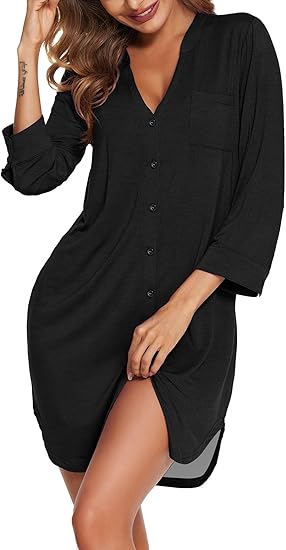 Ekouaer Women's Nightgown V Neck Striped Button Down Sleepwear 3/4 Sleeves Nightshirts Soft Button Sleep Dress