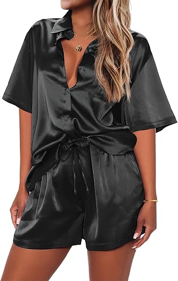 Ekouaer Pajamas for Women Silk Satin Pjs Soft Sleepwear Short Sleeve Button Down Pjs Top and Shorts 2 Piece Lounge Set