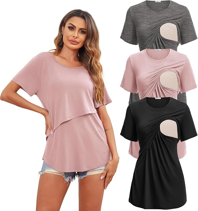 Ekouaer Women's Maternity Shirts Short Sleeves Nursing Tops 3 Pack Double Laye Breastfeeding Tees Pregnancy Clothes