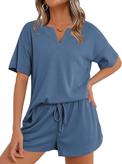 Ekouaer Waffle Knit Lounge Sets for Women 2 Piece Outfits Short Sleeve Top and Shorts Pajama Sets Tracksuit Sweatsuits
