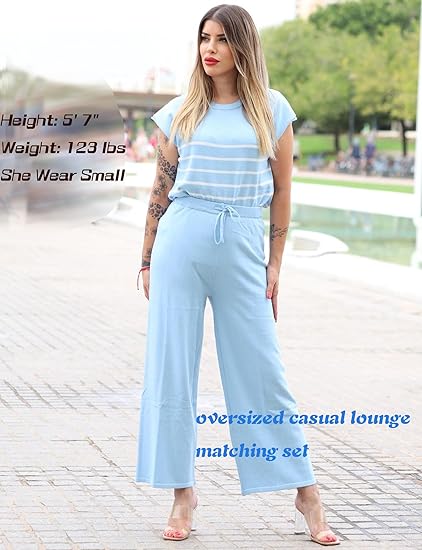 Ekouaer Striped Lounge Set 2 Piece Sweater Matching Outfits Travel Knit Clothing Sets for Women