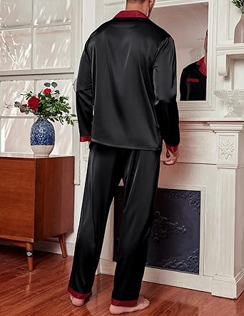 Ekouaer Men's Silk Pajama Set Long Satin Loungewear 2 Piece Pjs Classic Button Down Sleepwear Black Red L