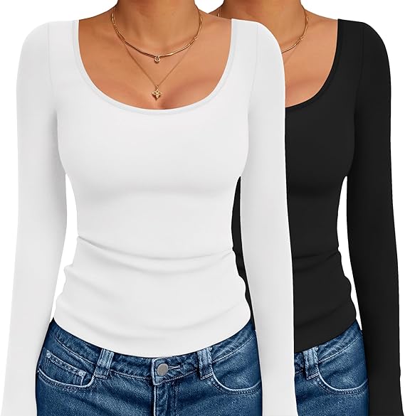 Ekouaer 2 Pack Long Sleeve Shirts for Womens Scoop Neck Tops Slim Fit Undershirts Basic Thermal Tee Shirt