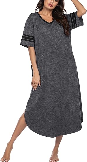 Ekouaer Long Nightgown, Womens V Neck Loungewear Oversized Sleepwear Loose Sleep Dress