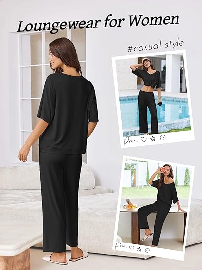 Ekouaer Lounge Sets for Women Comfy Pajamas Set 2 Piece Outfits Short Sleeve Tops and Wide Leg Pants with Large Pockets