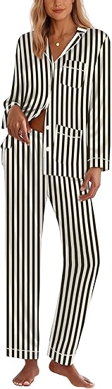 Ekouaer Silk Pajamas for Women Classic Button Down Satin Pajama Sets Long Sleeve Lounge Set