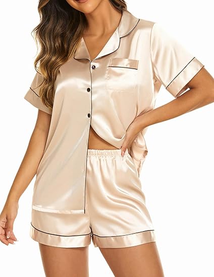 Ekouaer Silk Pajamas for Women Short Sleeve Sleepwear Soft Button Down Loungewear 2 Piece Satin Pjs Shorts Set S-XXL