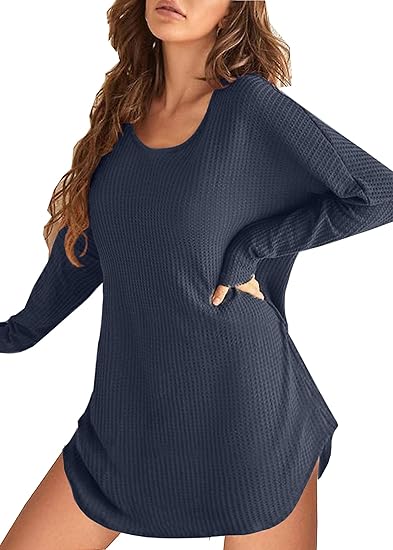 Ekouaer Nightgowns for Woman Waffle Knit Long Sleeve Nightgown Sleep shirts Night Dress for Women