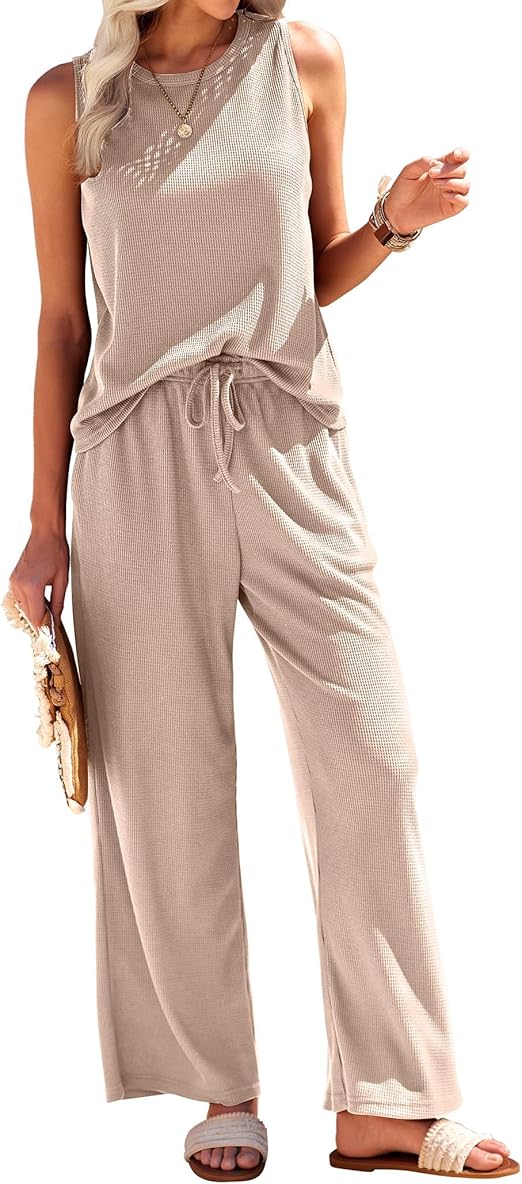 Ekouaer Womens Pajamas 2 Piece Lounge Set Waffle Knit Loungewear Sleeveless Tank Top with Long Pants Outfits