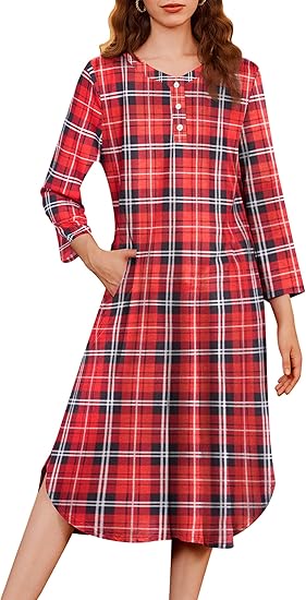 Ekouaer Womens Long Nightgowns Plaid Sleepwear Soft Loose Nightshirt 3/4 Sleeve Plus Size Housecoat with Button & Pockets