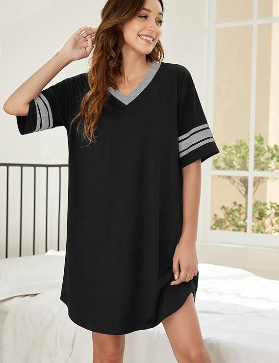 Ekouaer Womens Nightgown Cotton Sleepwear Short Sleeve Sleep Shirt V Neck Color Block Nightshirt