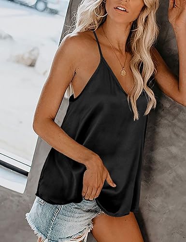 Ekouaer Womens Silk Satin Tank Tops V Neck Camisole Spaghetti Strap Top Summer Basic Blouse