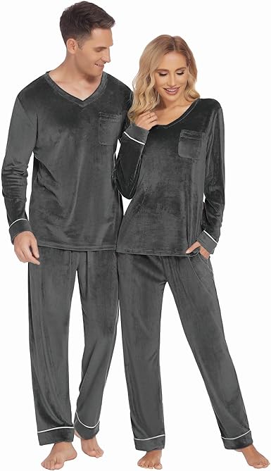 Ekouaer Couples Matching Pajamas Sets Velvet PJs Set for Men and Women Velour Long Sleeve Sleepwear