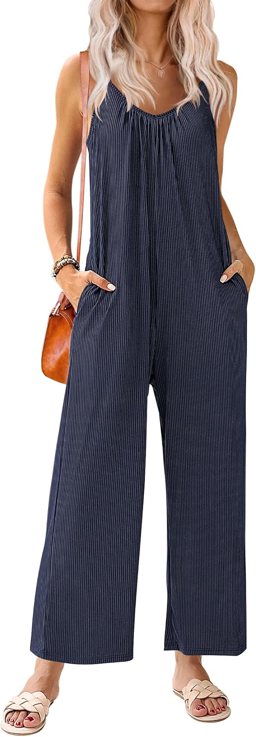 Ekouaer Sleeveless Womens Jumpsuits Ribbed Adjustable Spaghetti Strap Loose Long Pants Romper Jumpsuit