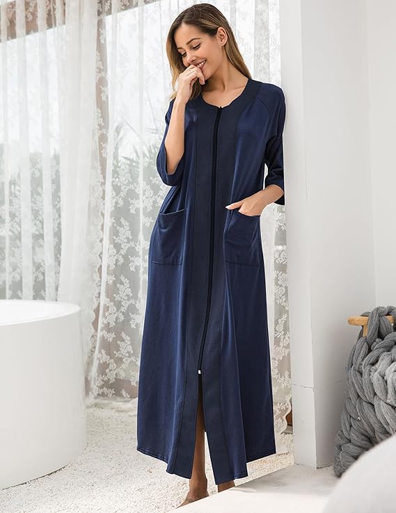 Ekouaer Women's Zipper Robe 3/4 Sleeve Housecoats Full Length House Dress Loungewear Long Nightgown with Pockets