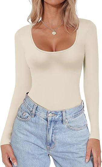 Ekouaer Women Long Sleeve Shirt Scoop Neck Tops Slim Fit Basic Top Thermal Undershirts Base Layer Tee