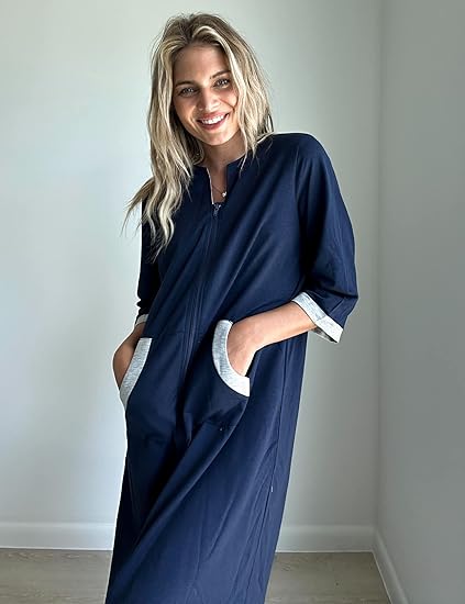 Ekouaer Women Zipper Robe 3/4 Sleeves Loungewear Dress Full Length Sleepwear Pockets Housecoat Nightgown Long Bathrobe