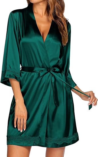 Ekouaer Women's Lace-Trim Silk Robes Bride Bridesmaid Satin Bathrobe V Neck Sleepwear with 3/4 Sleeve