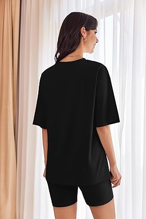 Ekouaer Women Cotton Lounge Sets Summer Outfits T-Shirt Top and Biker Short Set 2 Piece Matching Tracksuit